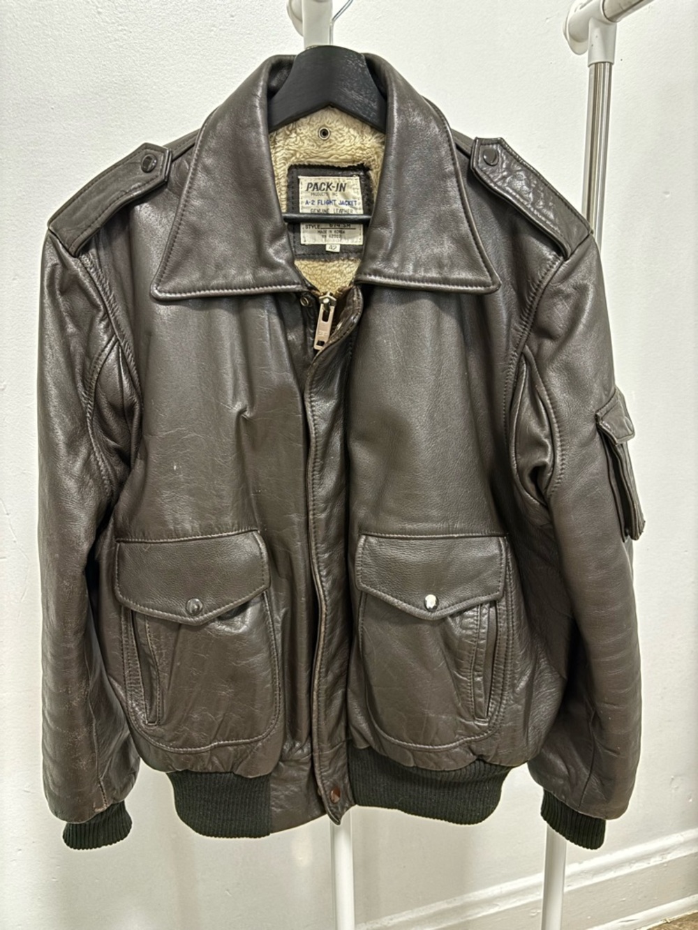 Brown Leather Bomber Jacket with Acrylic Lining